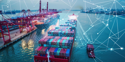 Freight boat carrying shipping containers surrounded by digital graphics